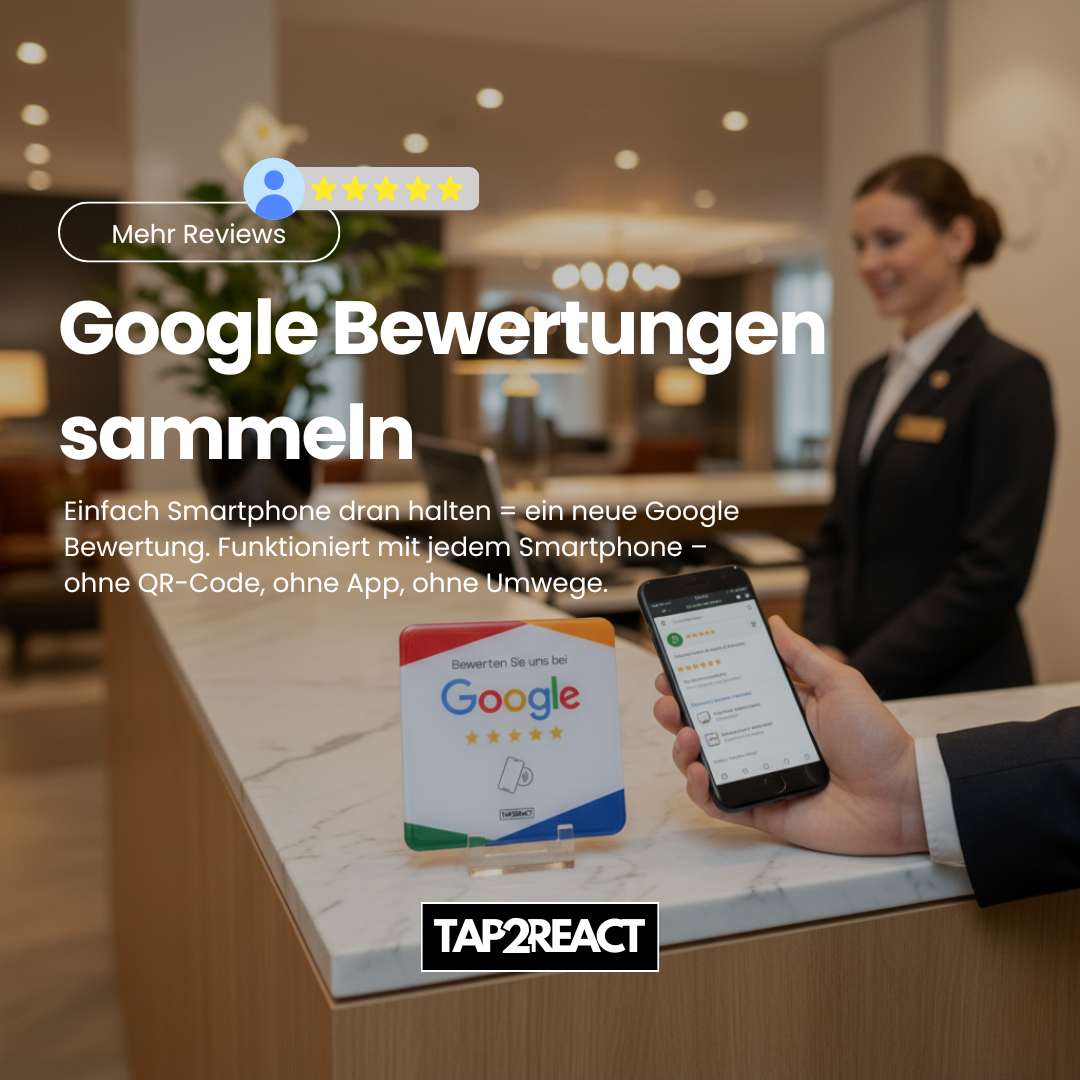 TAP2REACT-Card – für mehr positive Google Bewertungen – White Edition mit Kleberückseite
