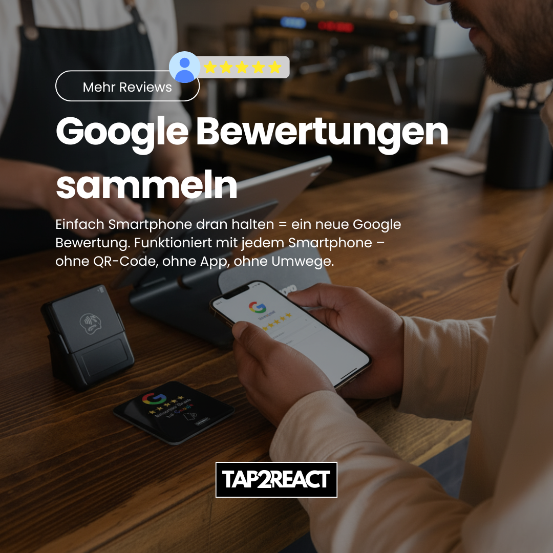 TAP2REACT-Card – für mehr positive Google Bewertungen – Black Edition mit Kleberückseite